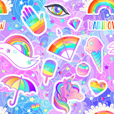 Colorful seamless rainbow pattern: candies, sweets, ice cream, unicorn,umbrella, hand. Vector illustration. Stickers, pins, patches. Halloween pastel colors. Cute gothic style