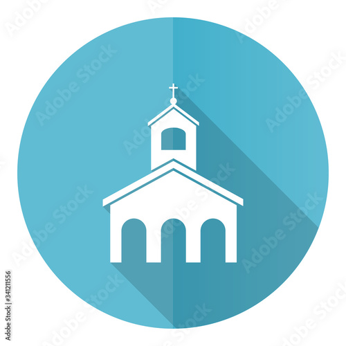 Religion, church blue round flat design vector icon isolated on white background