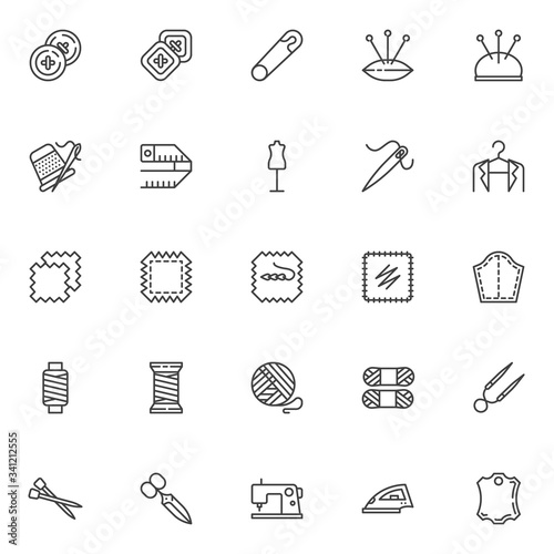 Sewing and knitting line icons set. linear style symbols collection, sewing equipment outline signs pack. vector graphics. Set includes icons as button, cushion needle, thread, sewing machine, scissor