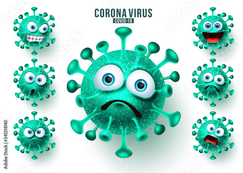 Novel corona virus emoticons vector set. Ncov covid19 virus emojis and emoticons with facial expressions for global viral infection. Vector illustration.
