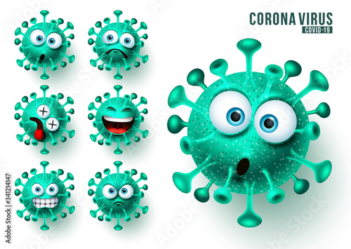 Covid19 ncov emojis vector set. Corona virus covid19 emojis and emoticons with scary and angry facial expressions for viral global pandemic. Vector illustration.
 photo
