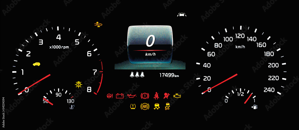 Illustration of car instrument panel with speedometer, tachometer, odometer, fuel gauge, oil temperature gauge, ABS, ESP, TPMS icon, check engine, airbag, brake system, lane assist warning light.