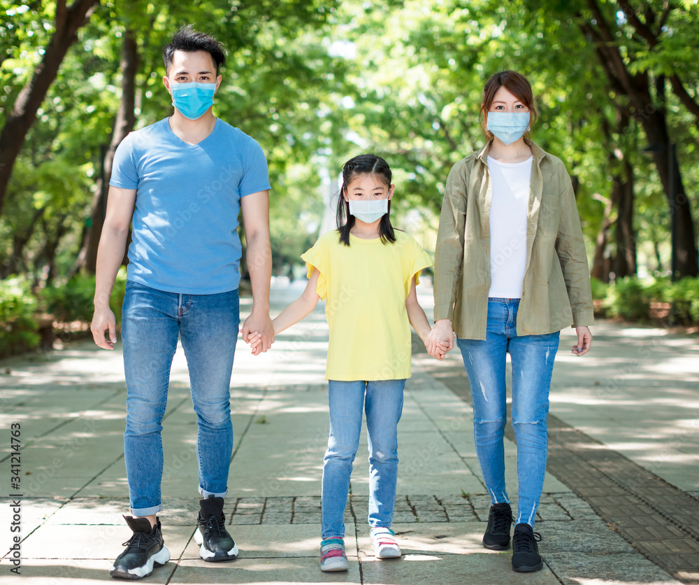 family walking and wearing mask during coronavirus emergency