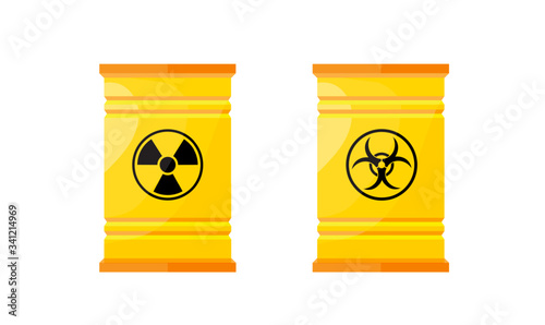 A barrel of radioactive waste and the danger signs on white background. Cartoon style vector illustration.