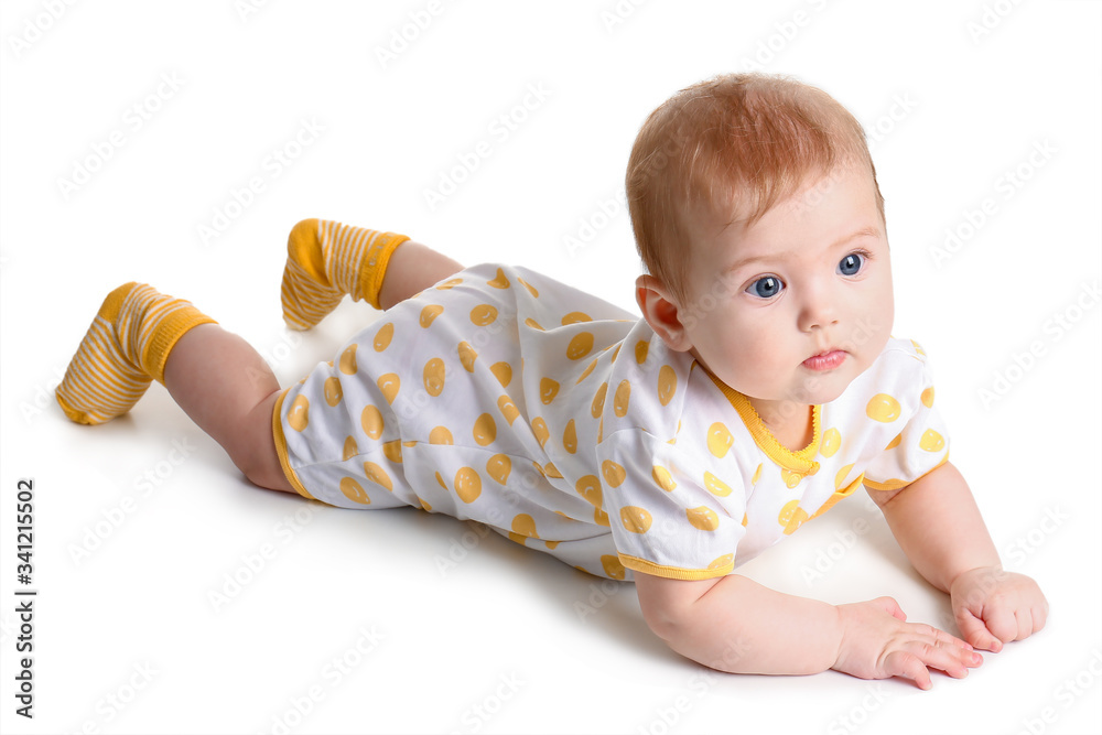 Cute baby in stylish clothes on white background Cute baby in stylish clothes on white background
