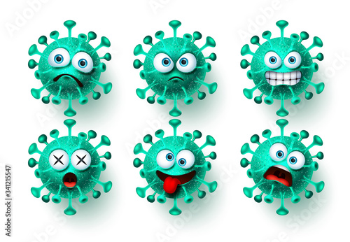 Corona virus icon vector set. Ncov covid19 corona virus emoticon and emoji with scary and angry facial expressions for global pandemic. Vector illustration.
