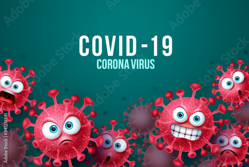 Covid-19 corona virus vector background template. Corona virus background with angry and scary covid-19 emoticons and emojis in background. Vector illustration.
