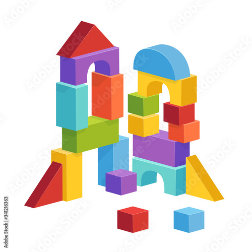 Pyramid built from children's cubes. Toy castle for children's play
