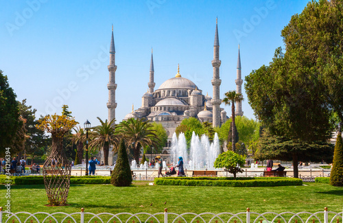 View of the main square in the sunny spring morning, Sultan Ahmed Mosque (Blue Mosque), Istanbul, Turkey.