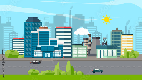 Industrial factory in a flat style. Vector illustration of manufacturing building. Eco city landscape concept. Zone or area with buildings facilities and power plants factories cartoon.