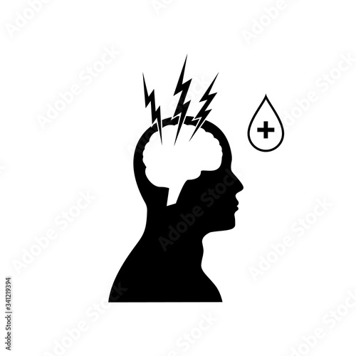 Man with headache symptoms. Lightning on the head. Drop with medicine. Vector illustration