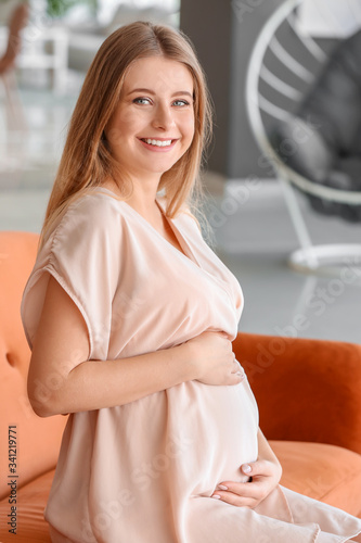 Smiling pregnant woman sitt...