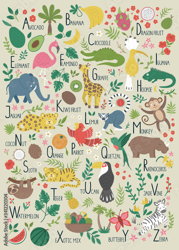 Tropical alphabet for children. Cute flat ABC with jungle animals, fruit, birds, plants. Vertical layout funny poster for teaching reading on beige background..