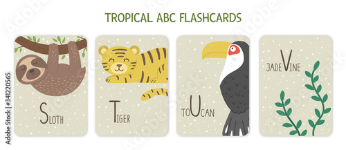 Colorful alphabet letters S, T, U, V. Phonics flashcard with tropical animals, birds, fruit, plants. Cute educational jungle ABC cards for teaching reading with funny sloth, tiger, toucan, jade vine..