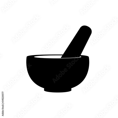 Mortar and pestle pharmacy icon. Vector illustration. Mortar for grinding and mixing seasonings and spices.