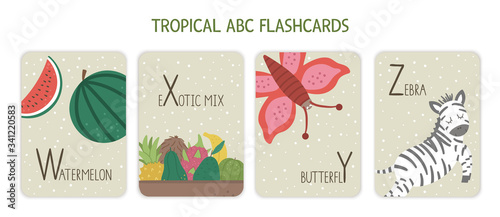 Colorful alphabet letters W, X, Y, Z. Phonics flashcard with tropical animals, birds, fruit, plants. Cute educational jungle ABC cards for teaching reading with funny watermelon, butterfly, zebra..