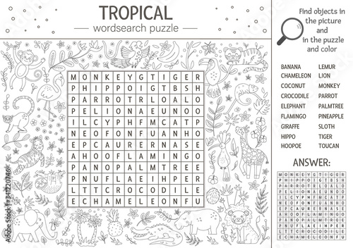 Vector summer wordsearch puzzle. Keyword with tropical animals and birds for children. Educational black and white jungle crossword activity with cute characters. Fun coloring page for kids. photo
