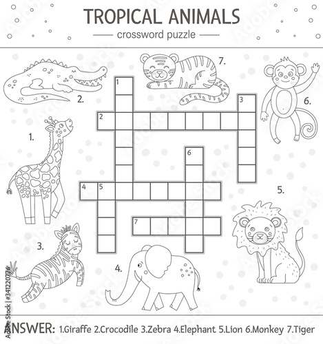 Vector summer crossword puzzle. Simple quiz with tropical animals for children. Educational black and white jungle activity with cute funny characters. Fun coloring page for kids.