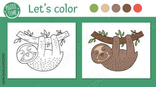 Tropical coloring page for children. Vector sloth illustration. Cute funny animal character outline. Jungle summer color book for kids with colored version and example.