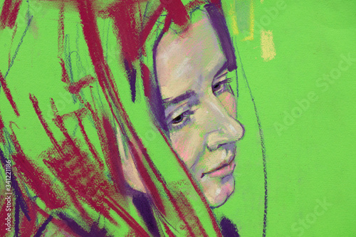 watercolor painting, female portrait, handmade 