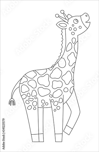 Vector cute giraffe outline. Funny tropical exotic animal black and white illustration. Fun coloring page for children. Jungle summer clip art.