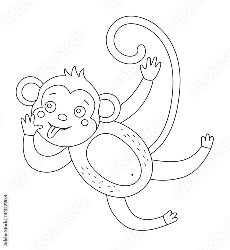 Vector cute monkey with stuck out tongue outline. Funny tropical exotic animal black and white illustration. Fun coloring page for children. Jungle summer clip art.