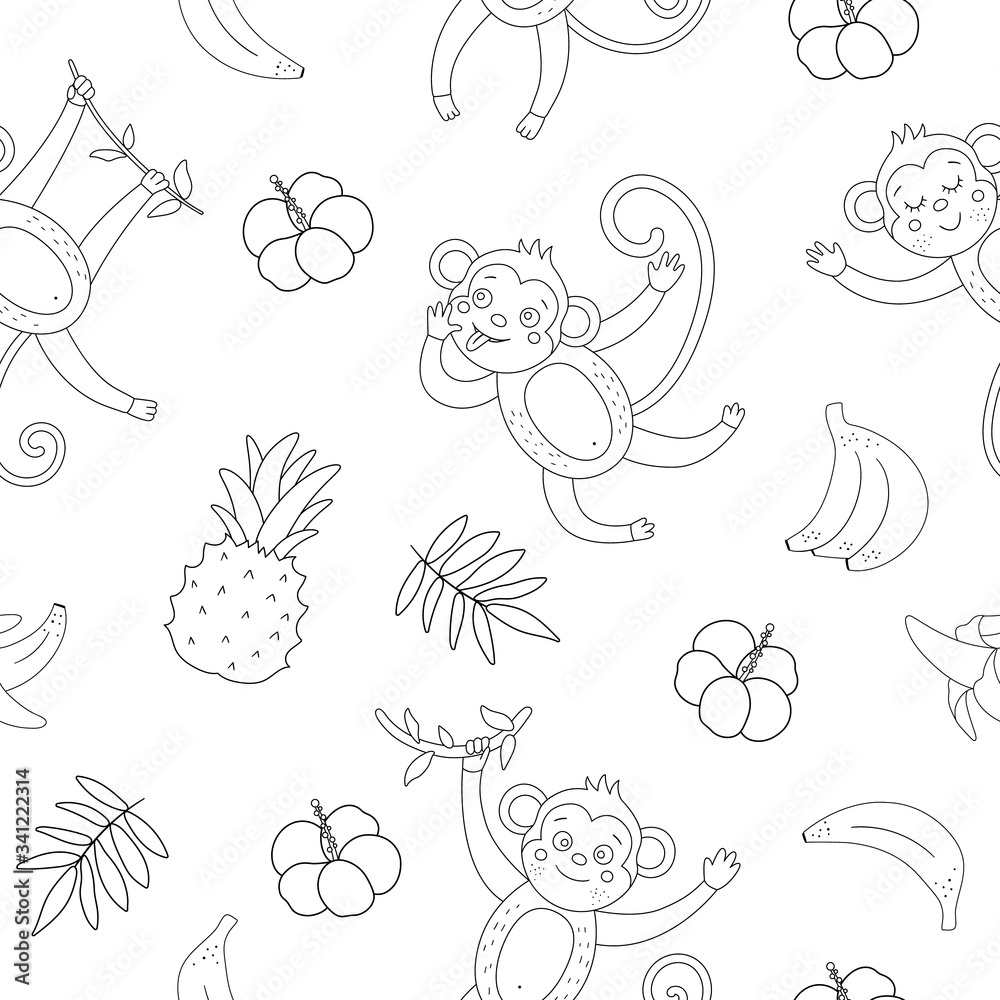 Vector black and white seamless pattern with cute monkeys and bananas. Funny tropical animals and fruit digital paper. Monochrome background for children. Jungle summer texture.