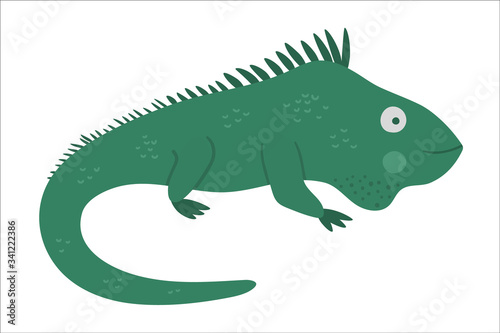 Vector cute iguana isolated on white background. Funny tropical exotic animal illustration. Bright flat picture for children. Jungle summer clip art.