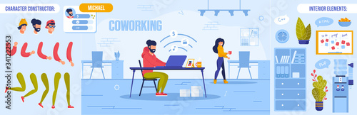 Coworking Space with Freelancer at Work. Man Woman Office Worker Character Constructor Set. Personal Info, Body Part Bundle, Interior Element Workplace Room Design Creation Kit. Vector illustration
