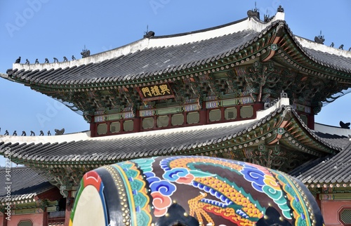 Gyeongbokgung Palace Main Pavilion with Ceremonial Drum in Foreground, Seoul, S. Korea