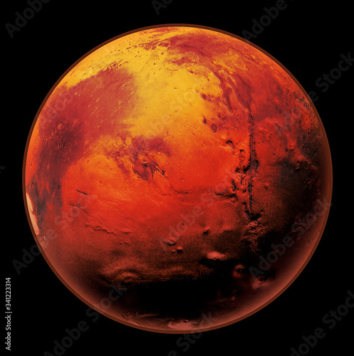 Fototapeta Naklejka Na Ścianę i Meble -  Mars the Red planet of the solar system in space. High resolution art presents planet Mars isolated on black.