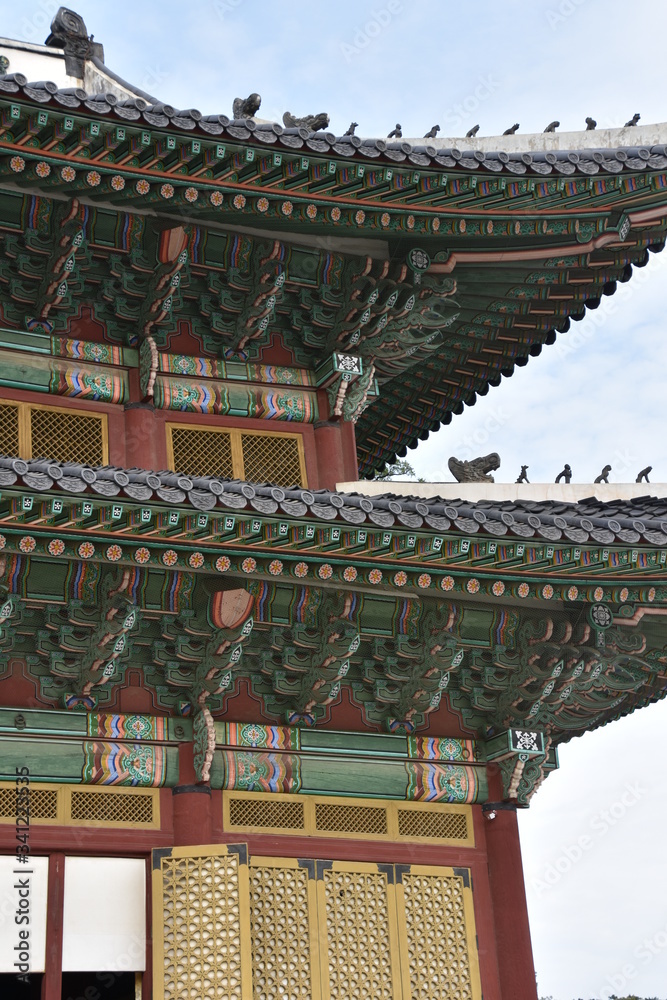 Two-Story Pagoda Low-Angle Detail Portrait, Changdeokgung Palace, Seoul, S. Korea Two-Story Pagoda Low-Angle Detail Portrait, Changdeokgung Palace, Seoul, S. Korea