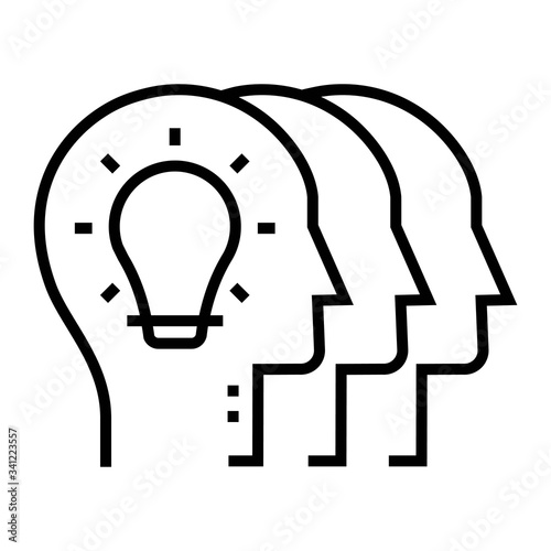 Brainstorming in a team. Lightbulb sign. Creativity, innovative idea generation symbol. Line design for business concept.