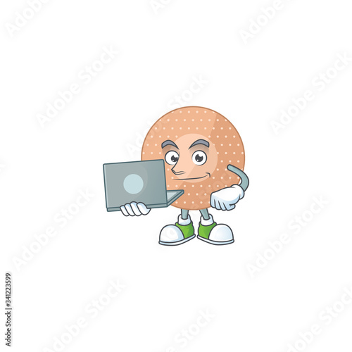 Diligent rounded bandage mascot design style working from home with laptop