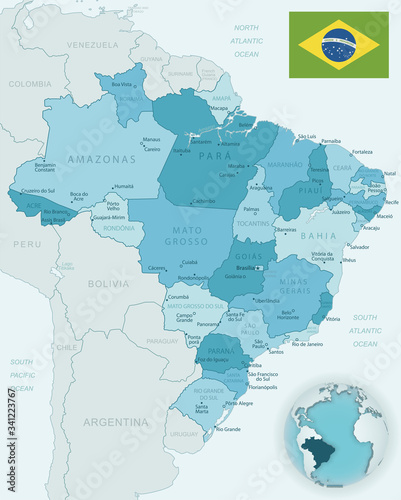 Blue-green detailed map of Brasilia and administrative divisions with country flag and location on the globe.