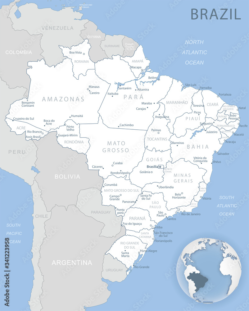 Blue-gray detailed map of Brasilia and administrative divisions and location on the globe.