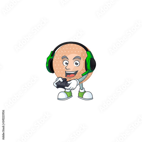 A cartoon design of rounded bandage talented gamer play with headphone and controller