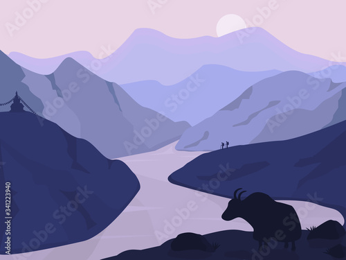 Himalaya landscape at pink violet sunset or sunrise with buddhist stupa prayer flags and yak gazing  hiking trekking people on the mountain watching over the river. Flat vector illustration. 