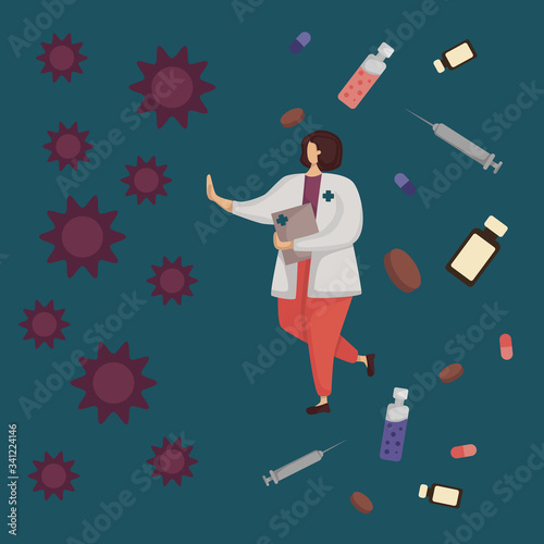 Vector illustration of a woman doctor fighting the new virus on the background of drugs, tablets, pills, syringes. Concept of the fight of medical workers around the world with the disease