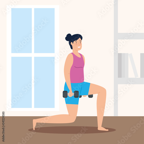 woman with dumbbells in the house vector illustration design