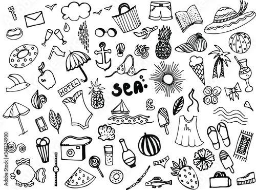 A set of elements drawn manually using a liner. Vector illustration. Summer set of women's clothing, shoes. Everything for rest and relaxation. Sun, sea, fruit, food, drinks.