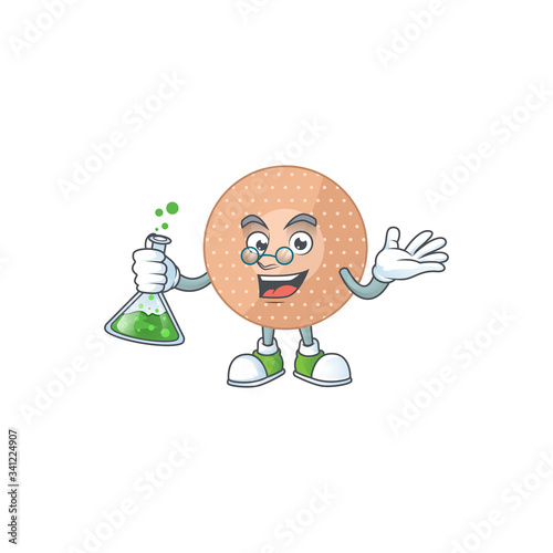 Rounded bandage genius Professor Cartoon character holding glass tube