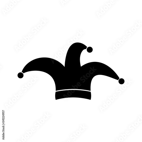 Jester's hat in black and white icon. Vector illustration photo