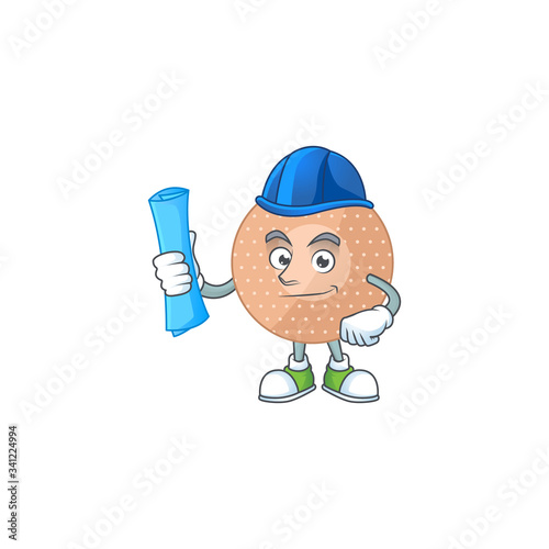 Talented Architect rounded bandage cartoon design style having blue prints