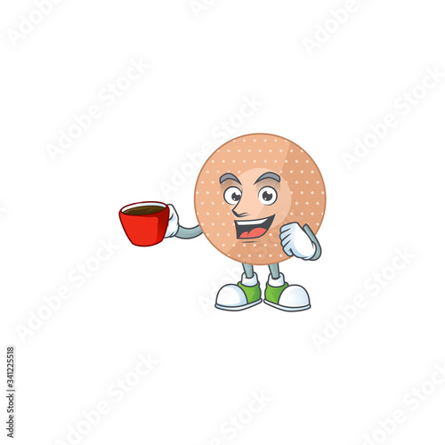 An image cartoon character of rounded bandage with a cup of coffee