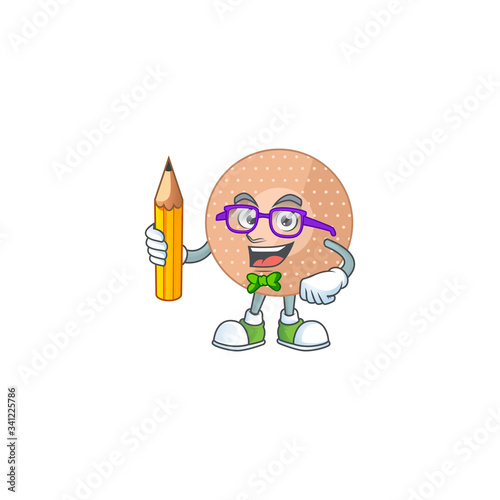 Rounded bandage student cartoon character studying with pencil