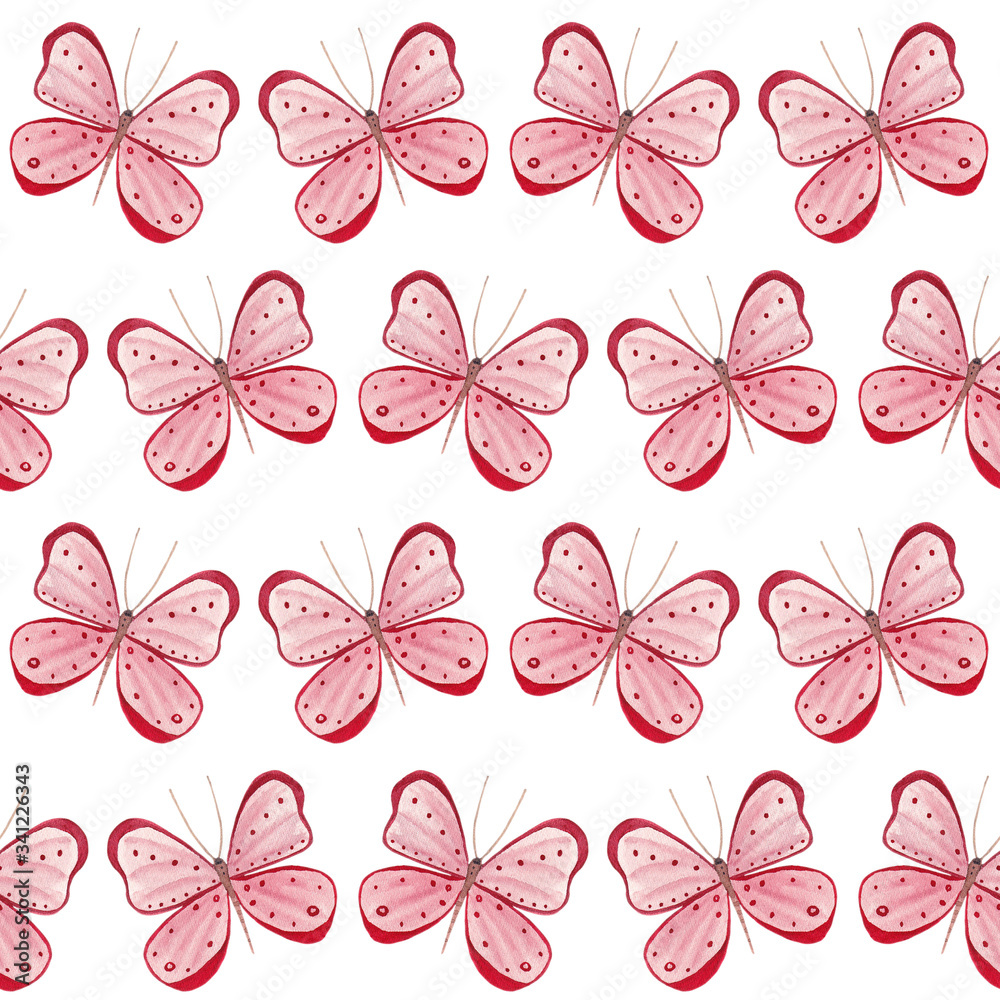 Fototapeta premium Seamless pattern with Pink butterfly on white background, cute hand painted watercolor illustration