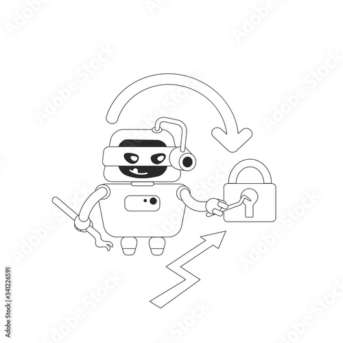 Hacker bot thin line concept vector illustration. Stealing personal account data and website content. Bad scraper robot 2D cartoon character for web design. Password cracking program creative idea