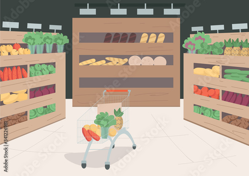 Grocery store flat color vector illustration. Variety of foods and goods on shelves in shop. Trolley cart with veggies and fruits inside. Supermarket 2D cartoon interior with decor on background