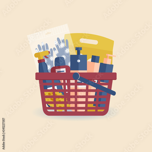 Red shopping basket from supermarket with detergents and cleaning products. Women's household gloves with flowers, washing powder, bottles, sprays and a washcloth. Vector colourful illustration
